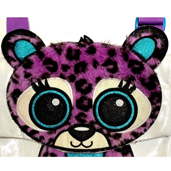 Justice Girls Bag Backpack Purple Blue Cat Cheetah Sparkly Furry Iridescent Cute - Picture 3 of 14